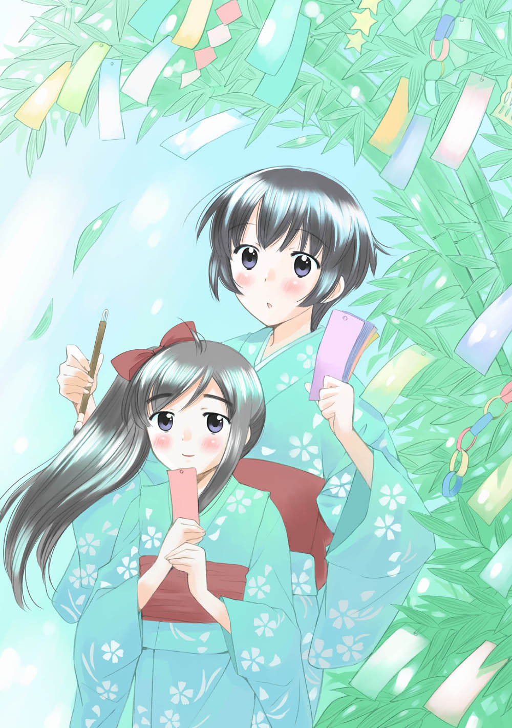 2girls, binbou_shimai_monogatari, blush, bow, hair_bow, highres, japanese_clothes, kazuto_izumi
