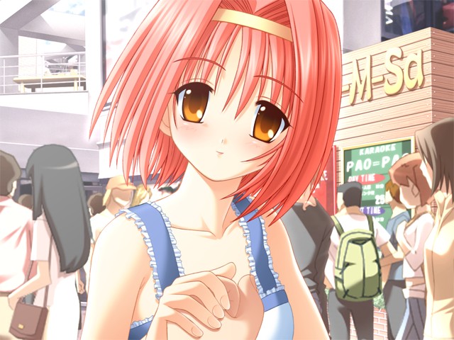 1girl, akari, alma, alma_~zutto_soba_ni...~, game_cg, hand_holding, matra_milan, orange_eyes, pov, redhead, short_hair, solo_focus, to_heart, tozaki_yui