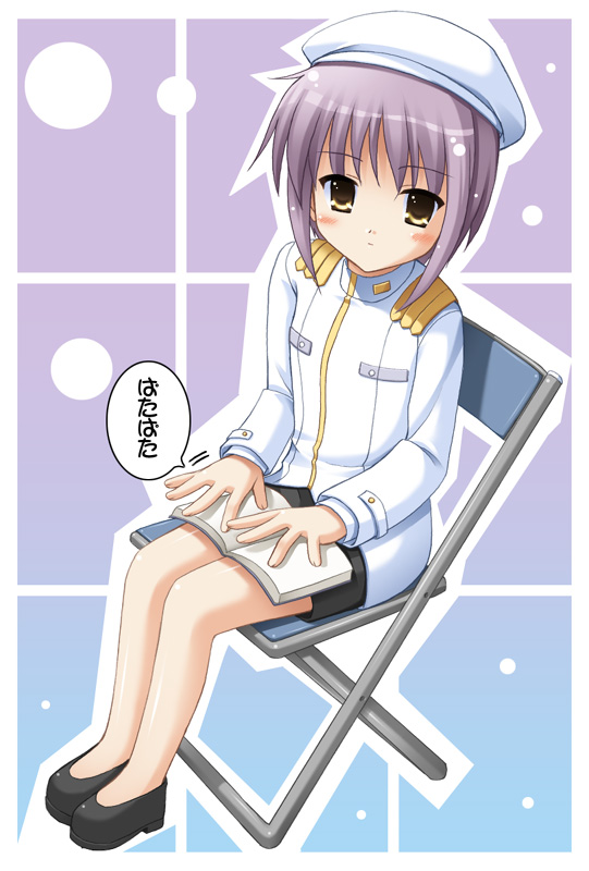 1girl, beret, book, captain_uniform, chair, hat, looking_up, military