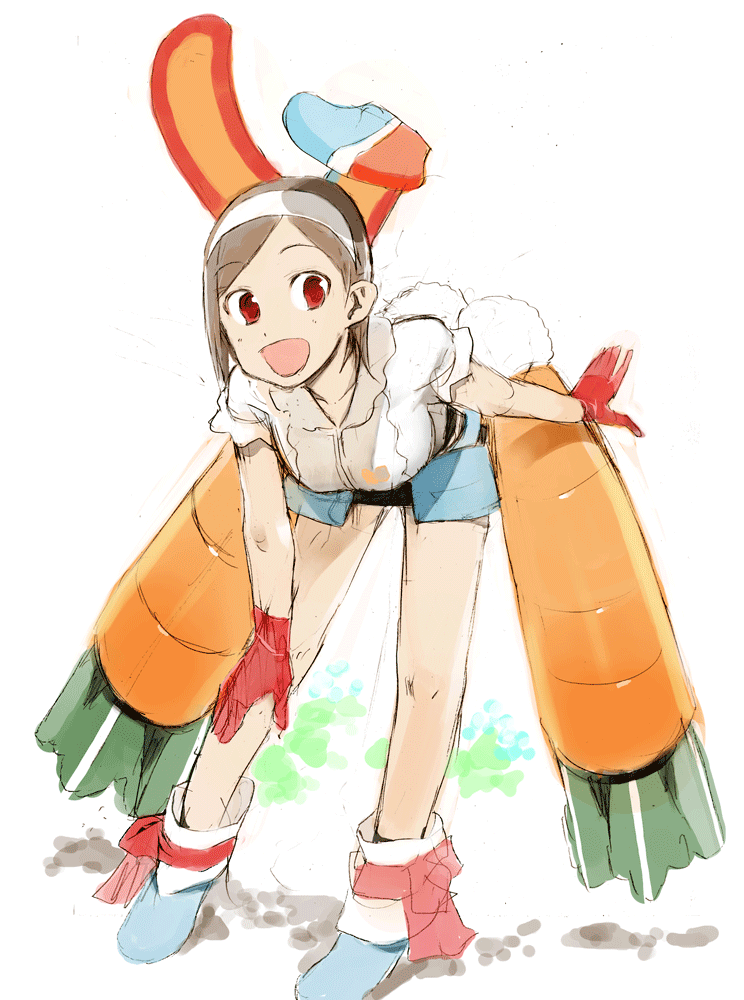 animal_ears, brown_hair, carrot, densha_otoko, getsumento_heiki_miina, gloves, hairband, okama