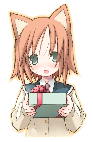 1girl, :d, animal_ears, blush, cat_ears, gift, green_eyes, head_tilt, holding, holding_gift, murata_mine, necktie, open_mouth, orange_hair, school_uniform, serafuku, smile, solo