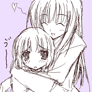 2girls, ^_^, closed_eyes, heart, hug, hug_from_behind, lowres, monochrome