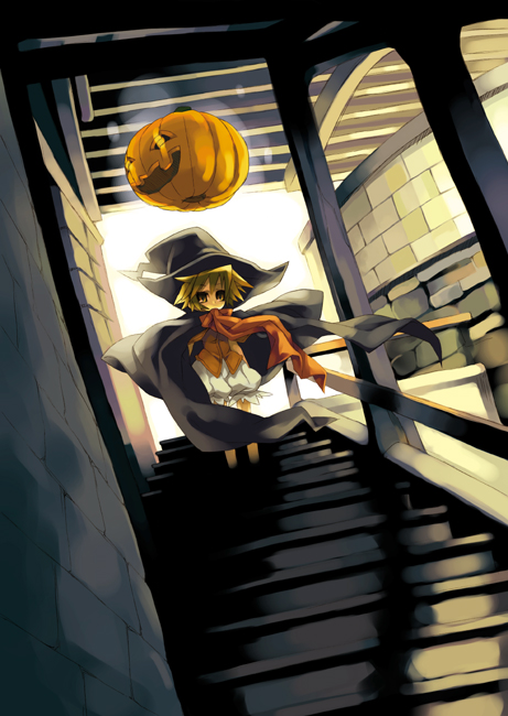 1girl, blonde_hair, bloomers, cape, hat, jack-o'-lantern, nomahee, original