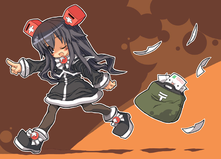 1girl, bag, black_eyes, black_hair, dress, letter, long_hair, mailbox