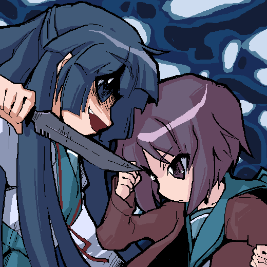 2girls, asakura_ryouko, battle, cardigan, fighting, half_updo, knife, mizumi_(artist)