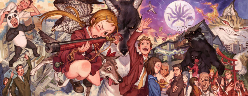 6+boys, 6+girls, blazer, gun, highres, long_image, masuda_mikio, multiple_boys