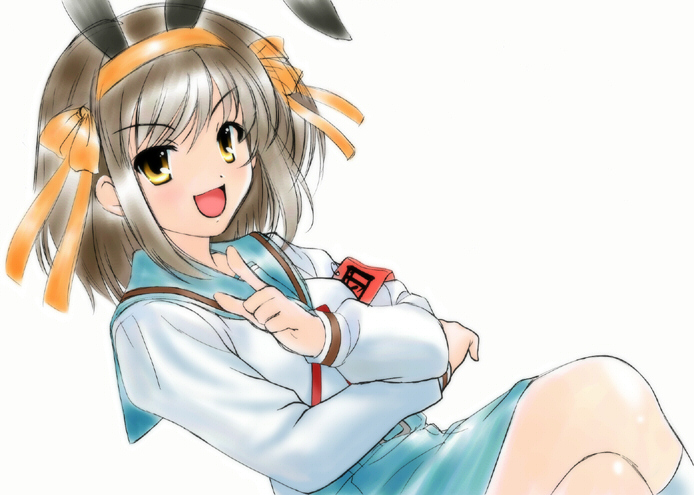 animal_ears, armband, brown_hair, rabbit_ears, school_uniform, serafuku, short_hair, suzumiya_haruhi