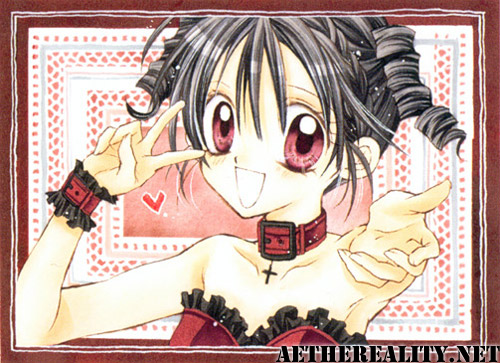 00s, 1girl, arina_tanemura, bare_shoulders, choker, collarbone, cross, curly_hair