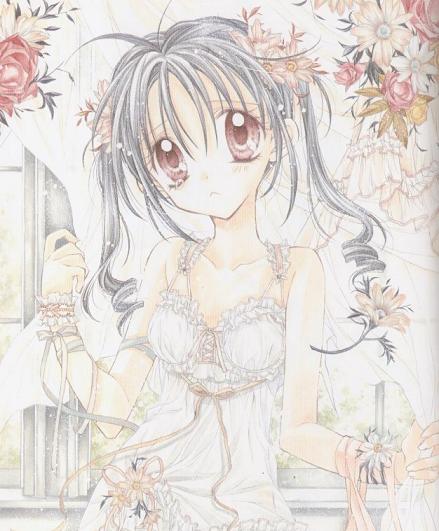 00s, 1girl, :<, arina_tanemura, blue_hair, curtains, dress, eyelashes