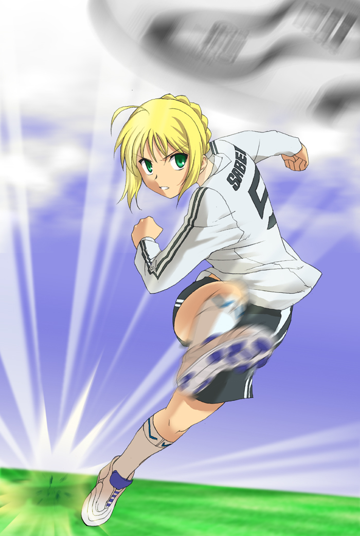 1girl, 2006_fifa_world_cup, ball, blonde_hair, clothes_writing, england, fate/stay_night, fate_(series)