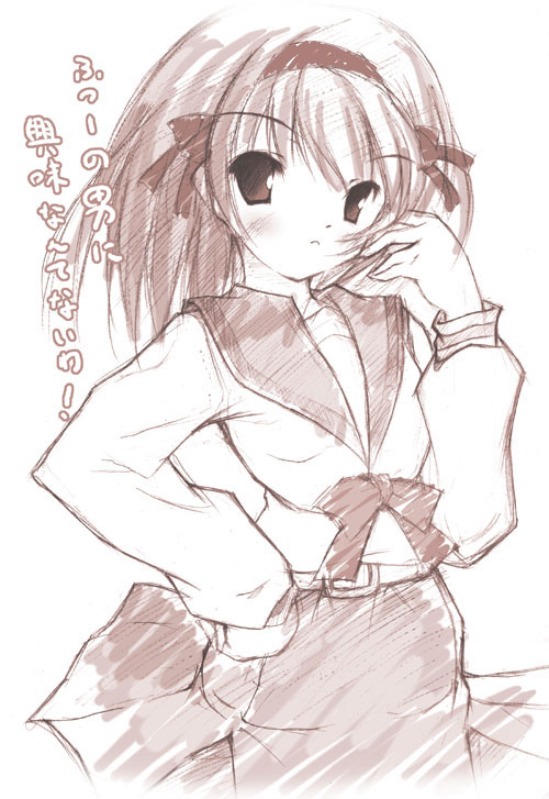 1girl, monochrome, nishikiori_jin, pink, school_uniform, serafuku, solo, suzumiya_haruhi