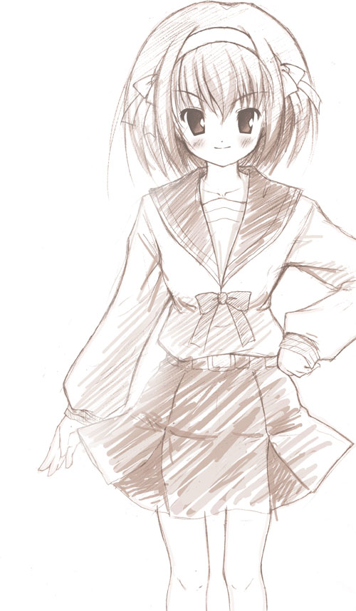 1girl, brown, monochrome, nishikiori_jin, school_uniform, serafuku, solo, suzumiya_haruhi