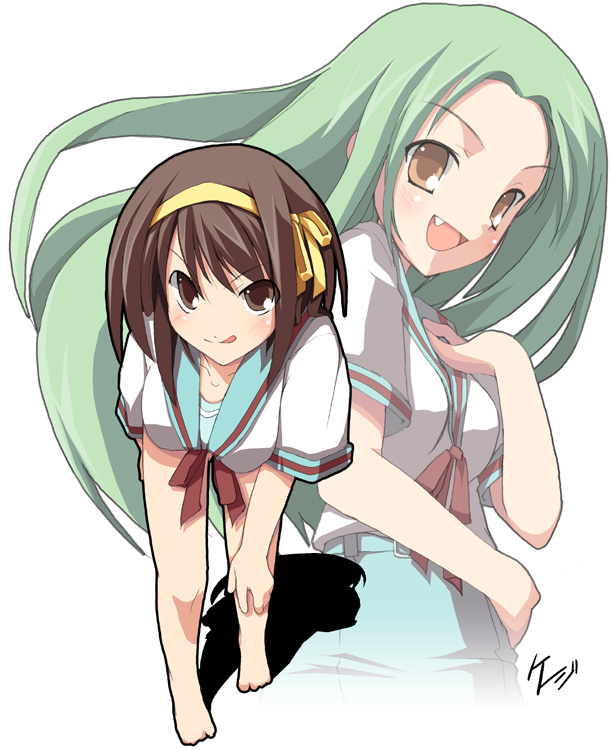 2girls, :q, barefoot, brown_hair, fang, kadokawa_shoten, kyoto_animation, long_hair