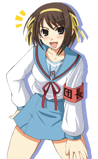 akino_hamo, armband, brown_hair, school_uniform, serafuku, short_hair, suzumiya_haruhi, suzumiya_haruhi_no_yuuutsu
