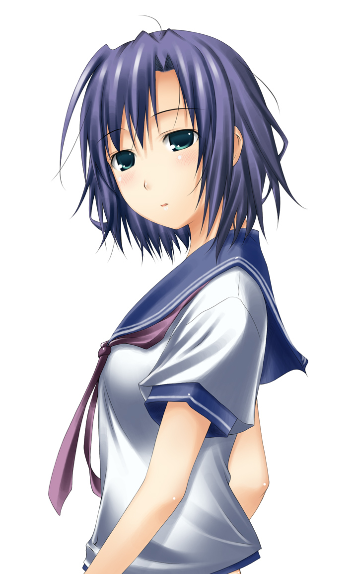 1girl, aqua_eyes, bangs, big_wednesday, blue_eyes, blue_hair, blush, breasts, from_side, looking_at_viewer, looking_back, matsuzawa_komaki, neckerchief, parted_bangs, parted_lips, school_uniform, serafuku, shirt, short_hair, short_sleeves, simple_background, sleeve_cuffs, small_breasts, solo, upper_body, watashi-tachi_no_tamura-kun, watashitachi_no_tamura-kun, white_background