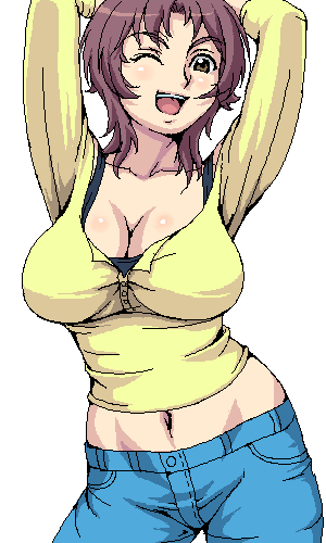 1girl, aliasing, amaha_masane, breasts, cleavage, kasanui, large_breasts, lowres