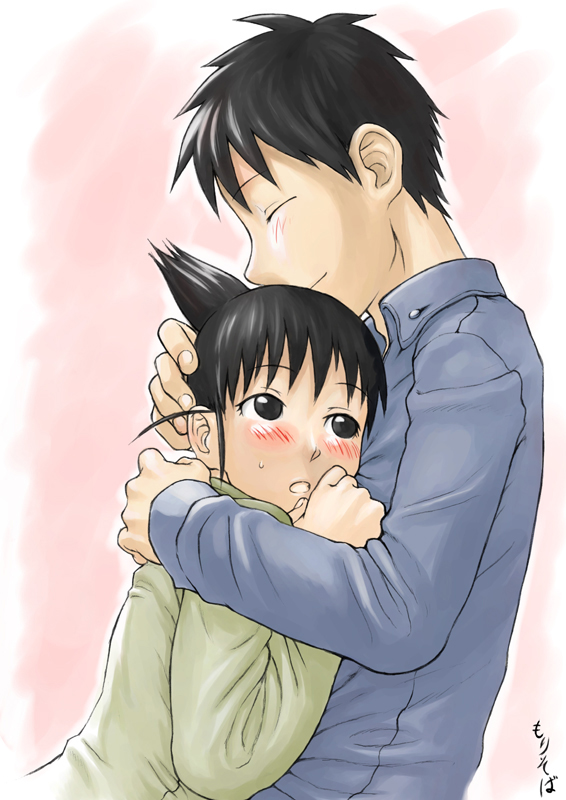 00s, 1boy, 1girl, black_eyes, blush, brown_hair, chin_rest, closed_eyes