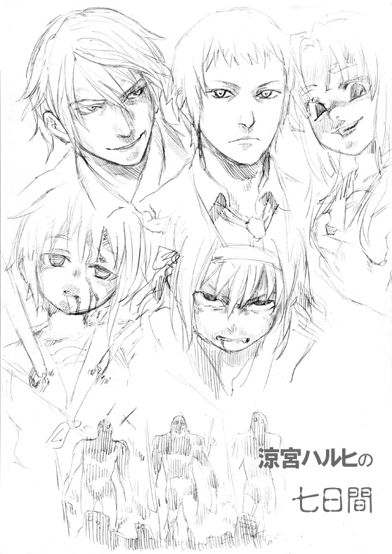 2boys, 3girls, angry, asakura_ryouko, asanagi, blood, celestial_(suzumiya_haruhi), collared_shirt