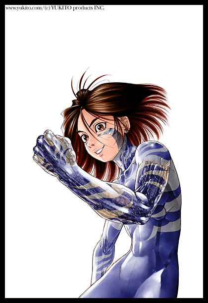 1girl, 90s, abs, bodysuit, brown_eyes, brown_hair, cyborg, earrings