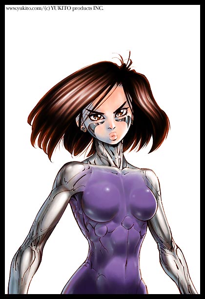 1girl, 90s, bodysuit, breasts, brown_eyes, brown_hair, cyborg, earrings, facial_mark, gally, gunnm, gunnm_last_order, jewelry, kishiro_yukito, lips, mecha_musume, muscle, short_hair, simple_background, solo