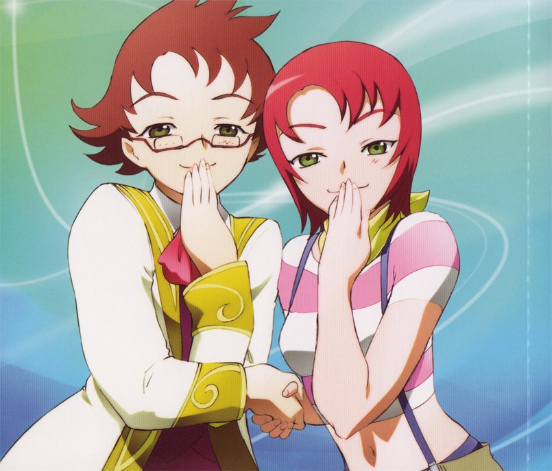 2girls, covering_mouth, glasses, handshake, hisayuki_hirokazu, juliet_nao_zhang, multiple_girls, my-otome, naughty_face, official_art, shirt, striped, striped_shirt, suspenders, yukino_chrysant