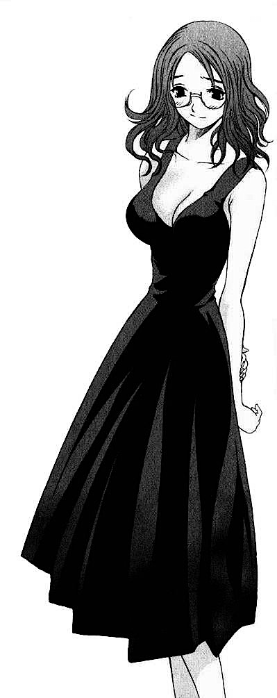 1girl, arms_behind_back, blush, breasts, cleavage, comic, dress, glasses