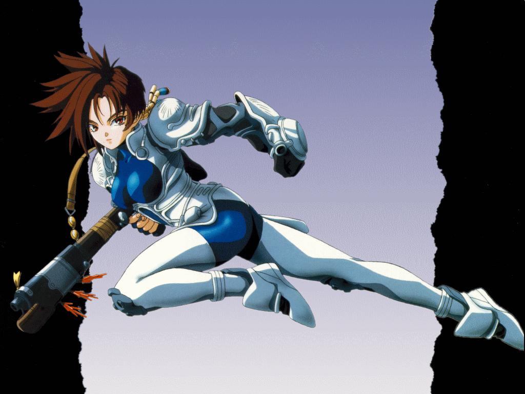 90s, armor, gun, iria, iria_zeiram_the_animation, katsura_masakazu, running, weapon