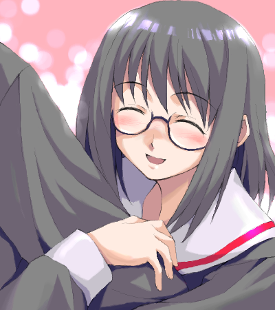 arm_hug, armcling, black_hair, blush, glasses, kurihara_touko, lowres, oekaki