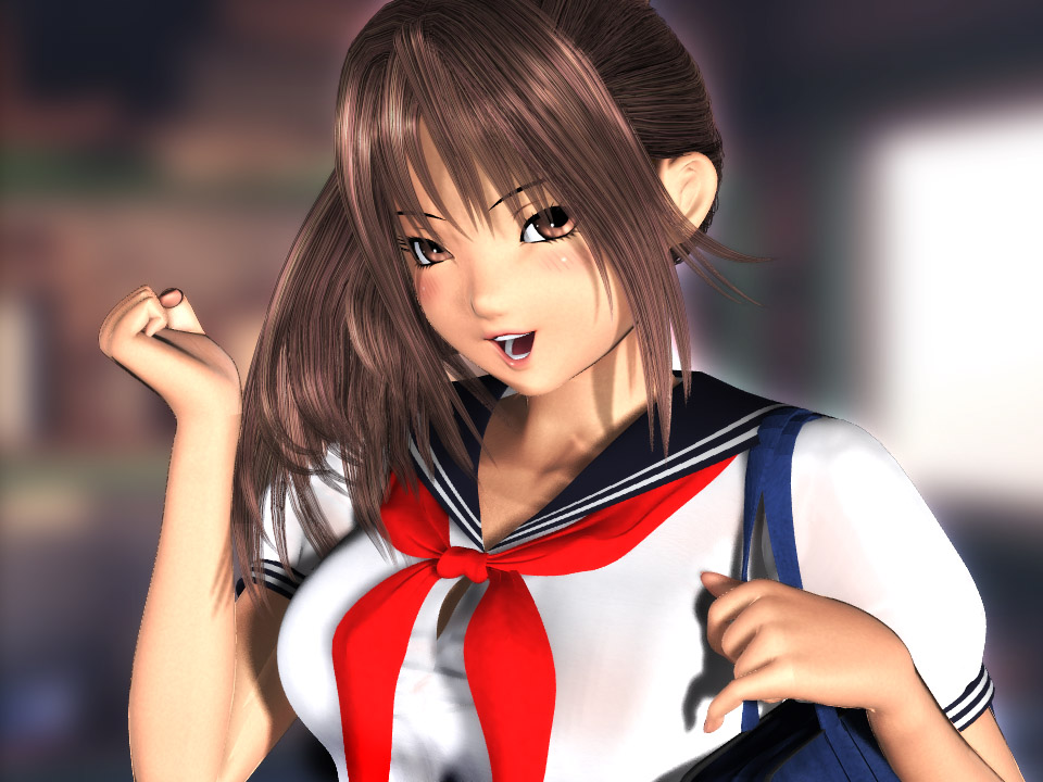 00s, 1girl, 3d, blush, brown_eyes, brown_hair, ichigo_100_percent, kitaoji_satsuki, looking_at_viewer, open_mouth, school_uniform, serafuku, smile, solo, wantan_works