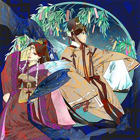 1boy, 1girl, blue_eyes, blush, brown_hair, covering_eyes, fan, folding_fan, hat, japanese_clothes, kimono, leaf, long_sleeves, lowres, original, plant, ponytail, ribbon-trimmed_sleeves, ribbon_trim, sash, sleeves_past_wrists, smile, tanabata, tanzaku, the_weaver_girl_and_the_cowherd, tiara, wings