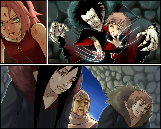 2girls, 3boys, cave, chiyo_(naruto), comic, haruno_sakura, indoors, kobashi