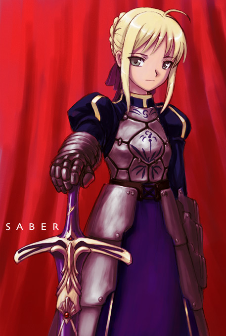 1girl, armor, armored_dress, blonde_hair, caliburn, character_name, dress, fate/stay_night