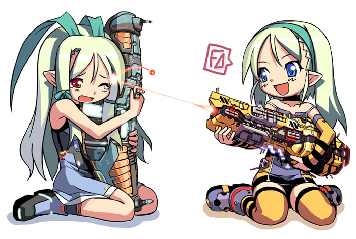 2girls, armor, bail, beam, blonde_hair, blue_eyes, gun, hair_ribbon