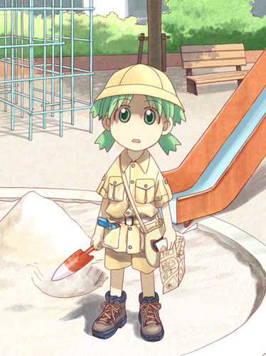 1girl, azuma_kiyohiko, bench, child, koiwai_yotsuba, lowres, map, outdoors, playground, quad_tails, sandbox, shorts, slide, solo, yotsubato!