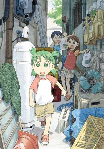3girls, alley, ayase_ena, azuma_kiyohiko, blue_hair, box, brown_hair, child