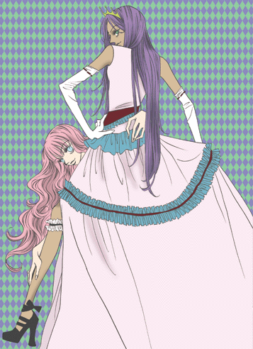 2girls, 90s, blue_eyes, dark_skin, dress, elbow_gloves, formal, garters