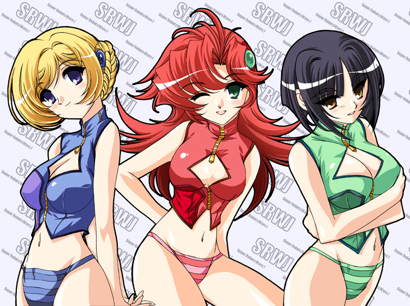 3girls, artist_request, banpresto, black_hair, blonde_hair, blue_eyes, cleavage_cutout, festenia_muse