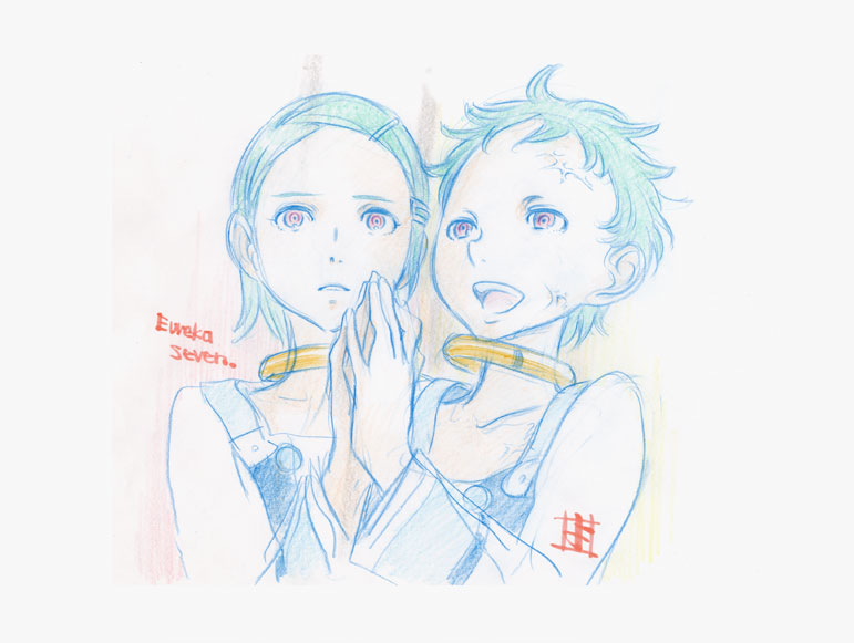 2girls, collar, dual_persona, eureka, eureka_seven, eureka_seven_(series), green_hair, hair_ornament