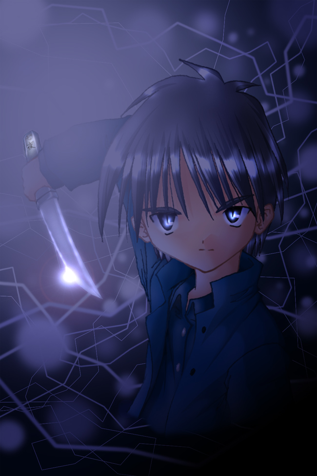 00s, 1boy, black_hair, blue_eyes, glowing, glowing_eyes, knife, male_focus