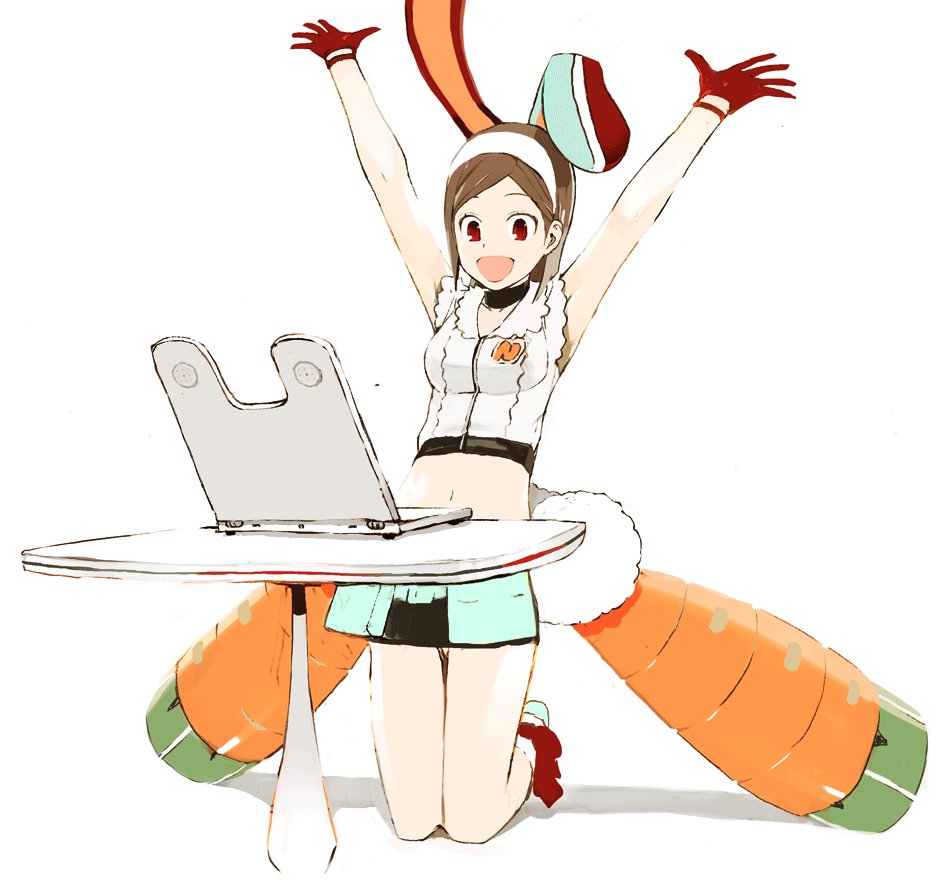1girl, animal_ears, arms_up, brown_hair, carrot, computer, densha_otoko, getsumento_heiki_miina
