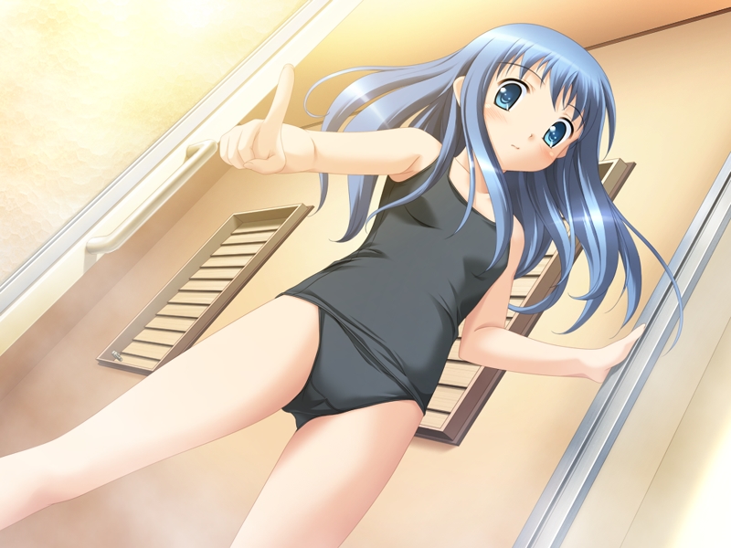 1girl, alto, alto_(game), blue_eyes, blue_hair, game_cg, iwasaki_kouji, jast, kagami_shouko, long_hair, one-piece_swimsuit, school_swimsuit, solo, swimsuit