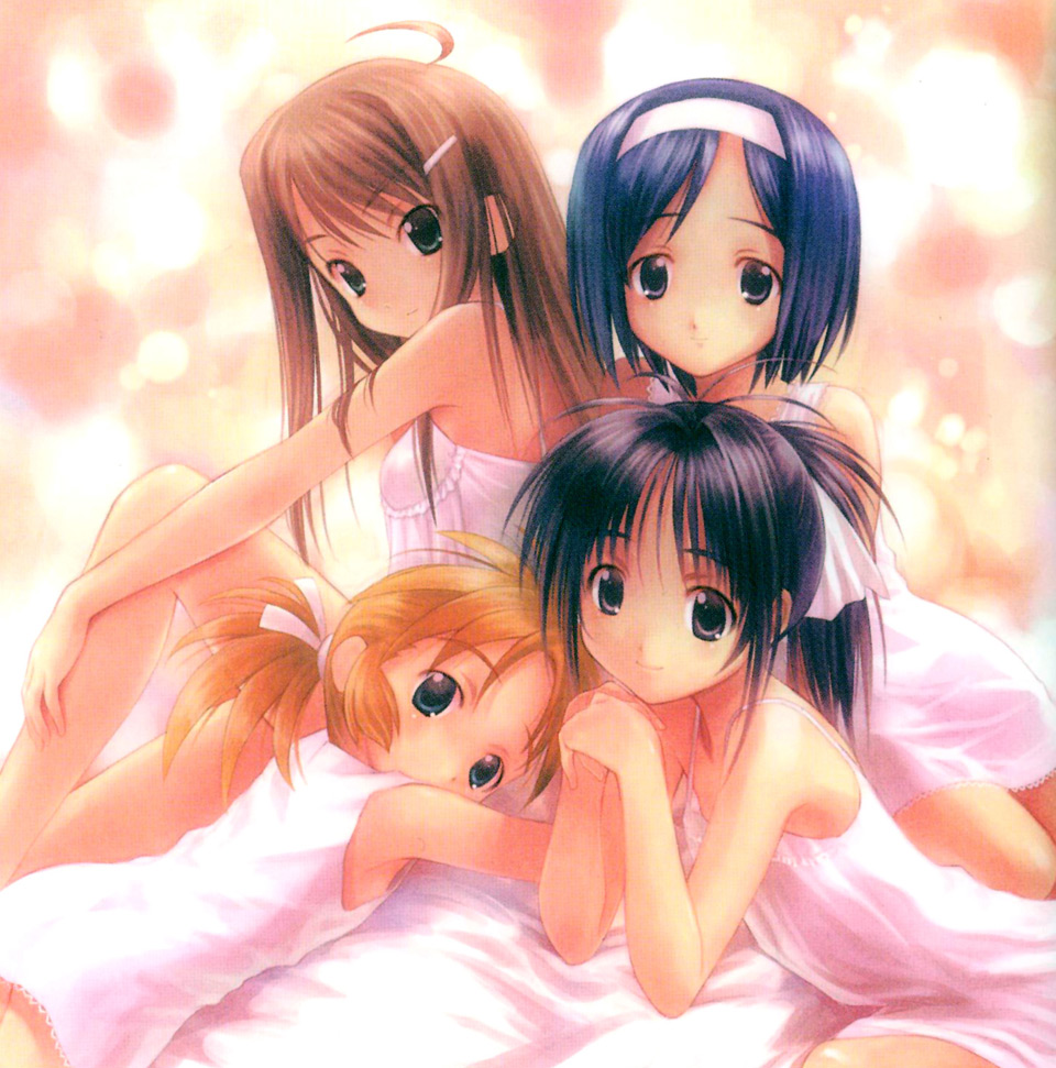 00s, 4girls, akimo_ayame, bed, blonde_hair, blue_hair, brown_hair, camisole