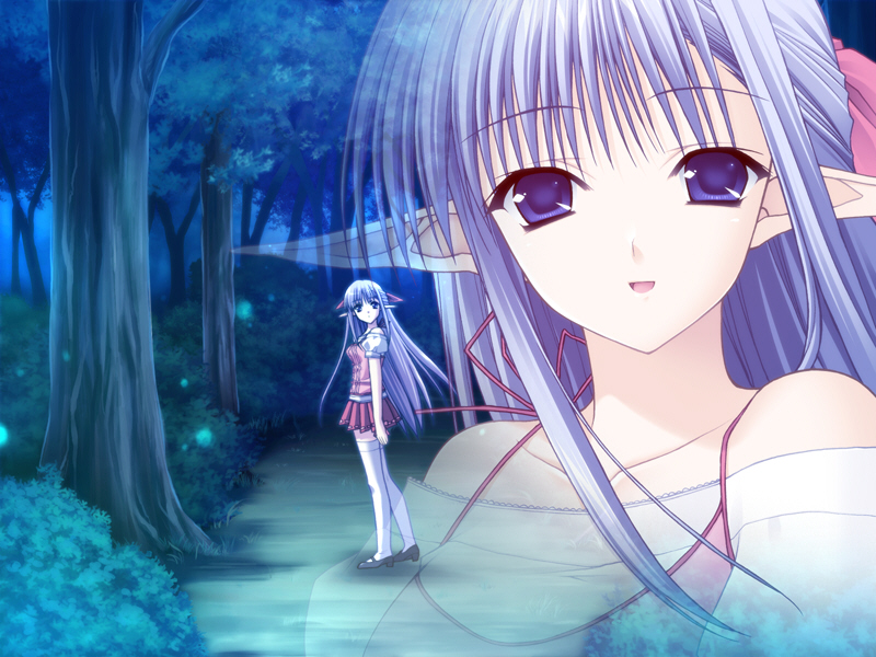 1girl, blue_eyes, blue_hair, demon, elf, forest, game_cg, half_updo