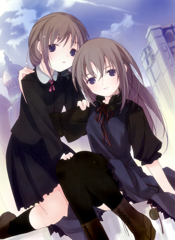 2girls, arietta_fine, blue_eyes, brown_hair, dress, long_hair, multiple_girls, ribbon
