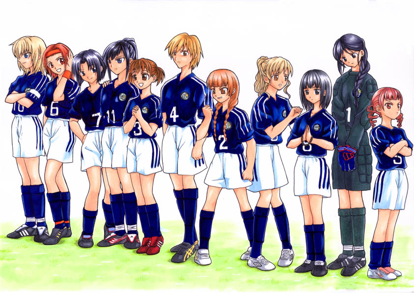00s, 2006_fifa_world_cup, 6+girls, adidas, adjusting_hair, angry, asics, black_hair, blonde_hair, bracelet, braid, brown_hair, clenched_hand, clenched_hands, clothes_writing, crossed_arms, drill_hair, everyone, fukuzawa_yumi, gloves, grass, grin, hairband, hand_on_hip, hands_together, hasekura_rei, hips, hosokawa_kanako, jewelry, kneehighs, lineup, long_hair, maria-sama_ga_miteru, matsudaira_touko, mizuno_youko, multiple_girls, naitou_shouko, nijou_noriko, nike, ogasawara_sachiko, orange_hair, outdoors, ponytail, redhead, satou_sei, shimazu_yoshino, shoes, short_hair, short_twintails, shorts, single_braid, smile, sneakers, soccer, socks, striped, torii_eriko, twin_braids, twin_drills, twintails, umbro, uniform, world_cup