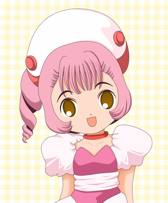 00s, 1girl, :d, checkered, checkered_background, chibi, chobits, collarbone