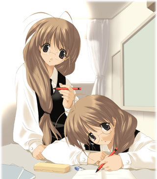 00s, 2girls, brown_eyes, brown_hair, chigusa_koi, chigusa_ui, futakoi, glasses