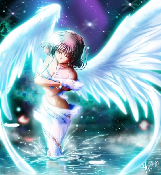 1girl, airbrush, amano_mishio, angel, brown_hair, kanon, night, original