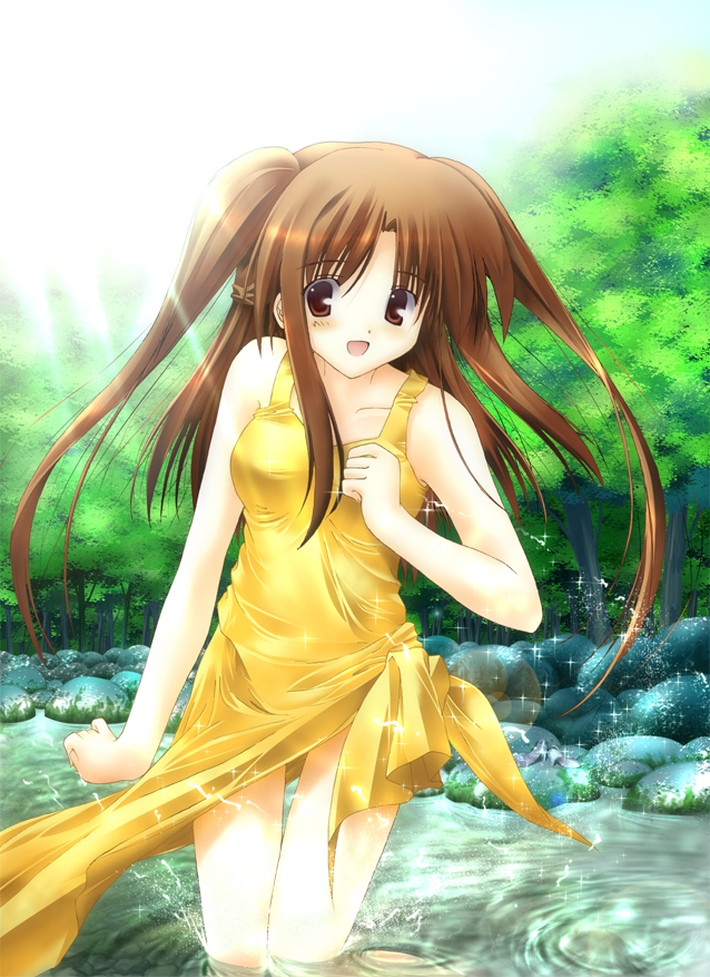 1girl, brown_eyes, brown_hair, long_hair, shion_(kawasemi), solo, twintails, water