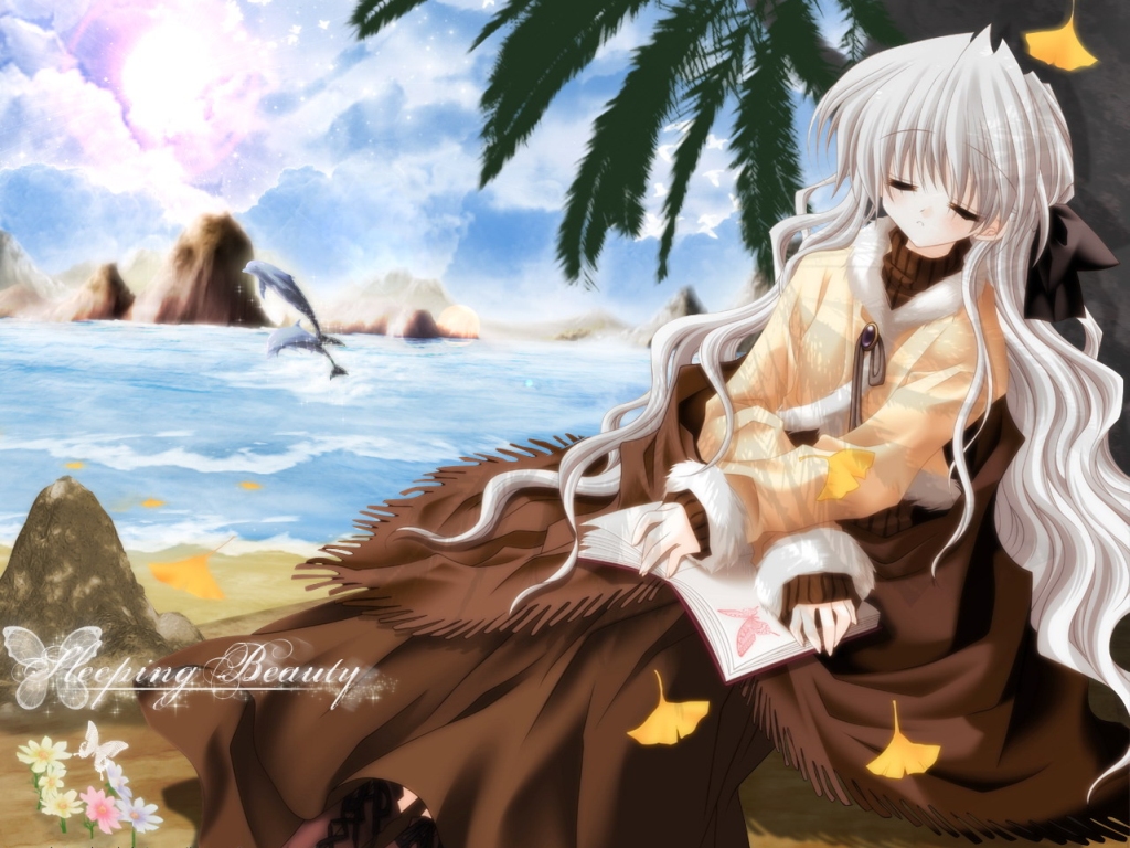 1girl, beach, butterfly, closed_eyes, dolphin, leaf, photoshop, re-laive